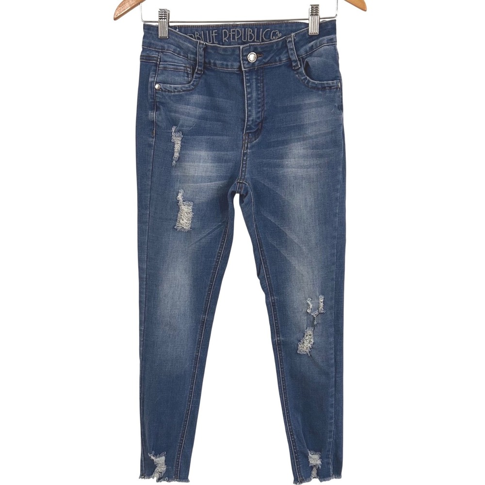 Blue Republic Womens Distressed Skinny Jeans Medium Wash Raw Hem Size 9 Junior